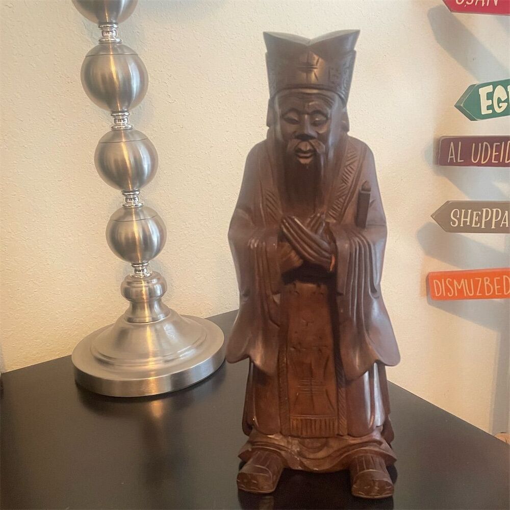 Vintage Chinese Hand-Carved Wooden Figurine Natural Finish